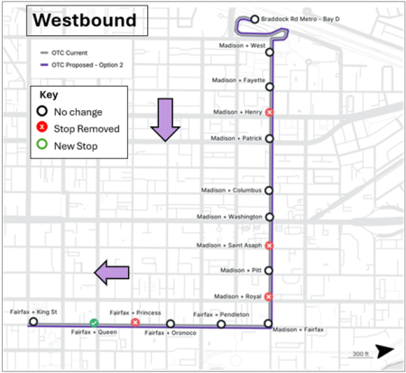 Map of Proposed Old Town Circulator Bus Stop Rebalancing (Westbound)