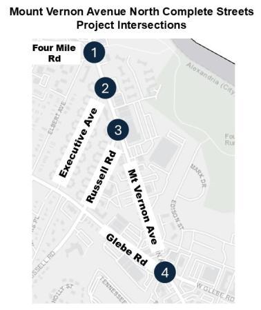 Diagram of Mount Vernon Avenue showing the four intersections, including Four Mile Road, Executive Avenue, Russell Road and Glebe Road.