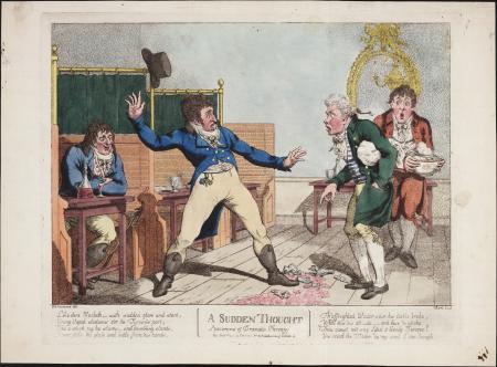 This historic print shows coffeehouse booths--wooden tables and benches with backs, plus a green curtain that hangs above the seating to further separate the booths for privacy.