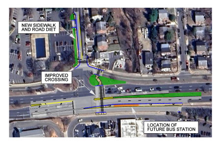 Map of the Duke Street and West Taylor Run intersection, with a graphic overlay illustrating proposed pedestrian crossing, sidewalk, and roadway changes.