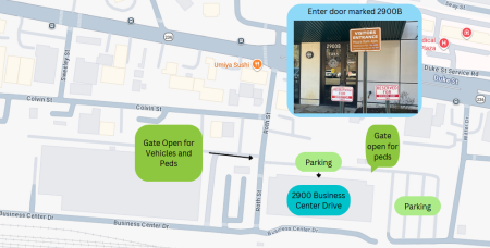 A map displaying an overhead view of 2900 Business Center Dr. The map labels the gate open for vehicles and pedestrians off Roth St, parking open in front of the building and at Witter Field to the right, and the second open gate at Witter Field.