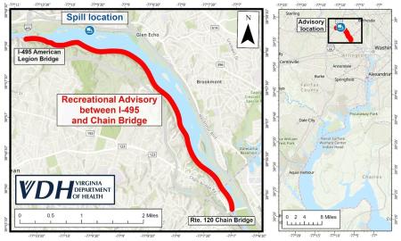 Map showing a red line over the shortened recreational water advisory area on the Potomac. 