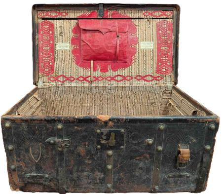 Old trunk, open to show colorful lining