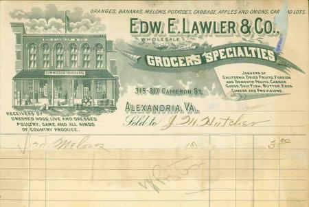 A 1909 receipt for $3.00 for melons, from Edw. E. Lawler & Col, Wholesale Grocers Specialties. The header shows an image of their building at 315-317 Cameron Street, with barrels stacked on the porch.