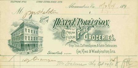 A 1908 receipt for 35 cents for oranges, from Henry F. Robertson, Pure Groceries. The header shows their shop at the corner of King and Washington Streets in the 1890s.