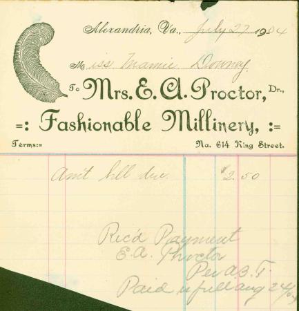 A 1904 receipt for $2.50 from Mrs. E.A. Proctor, Fashionable Millinery. The header shows an image of a feather used in hat-making.A 1904 receipt for $2.50 from Mrs. E.A. Proctor, Fashionable Millinery. The header shows an image of a feather used in hat-making.