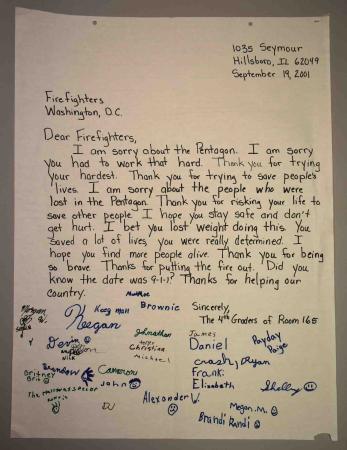 Letter to Firefighters in Washington, D.C. on September 19, 2001, signed by all the students from the 4th&nbsp;graders of Room 165 in Hillsboro, Illinois.
