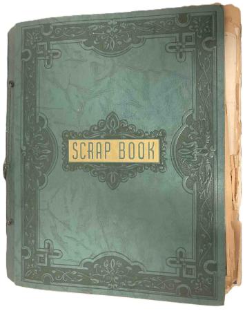 The embossed green cover is labeled SCRAP BOOK in green on gold.