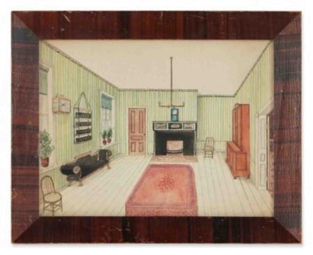 A framed watercolor shows a furnished living room with two windows and a fireplace. The room has green striped wallpaper and a wooden floor with a red rug.