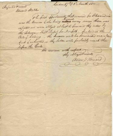 Letter dated March 17, 1800, from Allen and Howard in London to Edward Stabler.