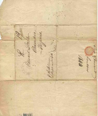The letter from Allen and Howard was folded to form an envelope, shown here addressed to Edward Stabler, Alexandria, Virginia. A round red mark is the remains of a was seal.
