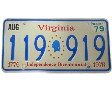 The commemorative Bicentennial Virginia license plate bears the number 119 919.