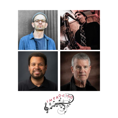 four squares with pictures of the band members then improviso jazz logo at the bottom