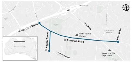 Map of potential safety and access improvements proposed for a portion of West Braddock Road and North Howard Street for safer connections between the Minnie Howard and King Street high school campuses