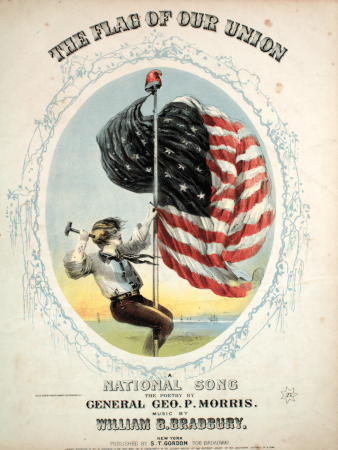 Below the title is an illustration of a young man with his legs wrapped around the flag pole topped with the Liberty Cap. Below are the words “National Sons/The poetry by/ General Geo. P. Morris./ Music by/ William B. Bradbury.