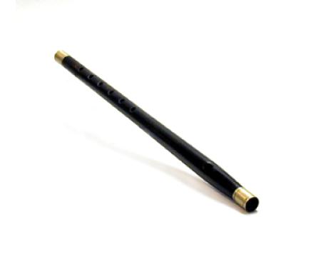 A long wooden instrument with brass-colored ends.