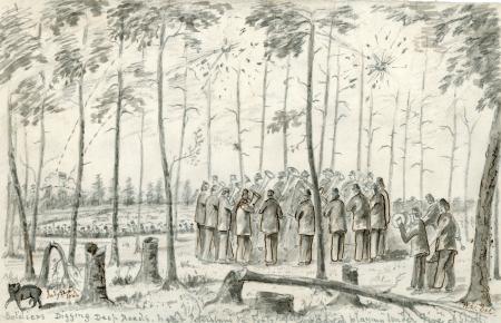 The pencil sketch is labeled “Soldiers digging deep roads near Petersburg, Va.” The band plays in the foreground.