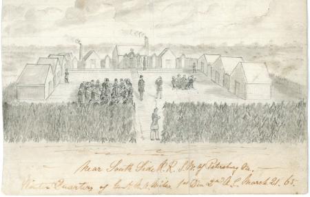 The pencil sketch shows soldiers playing in a field in front of tents, within a fence.