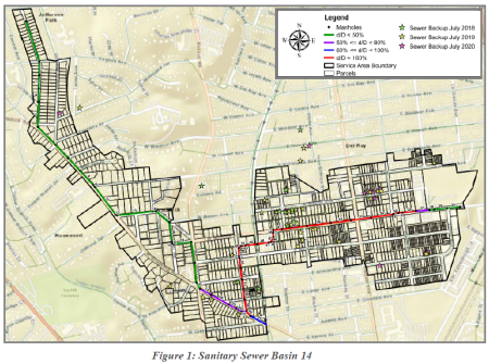 A map of the Basin 14 Sewer Study and Capacity Improvements project area, roughly in the Del Ray neighborhood, showing the location of sewer lines and of sewer backups that occurred in July 2018, July 2019, and July 2020.