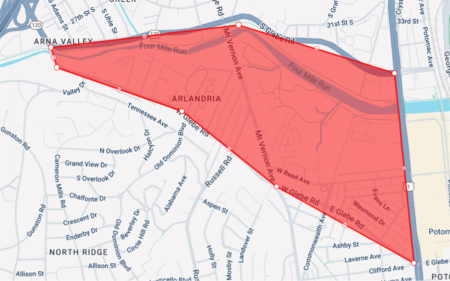 A map showing the boundaries of the Arlandria neighborhood, including Route 1, Four Mile Run, and Glebe Road, being used for the 2030 Community Health Improvement Plan.