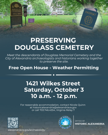 This poster for the Preserving Douglass Cemetery event includes an image of the entrance to the cemetery.