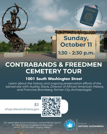 This poster for the Contrabands & Freedmen Cemetery Tour includes a photo of the cemetery with the bronze statue, The Path of Thorns and Roses, designed by Mario Chiodo. It portrays a spiraling journey through Oppression, Struggle, Sacrifice, Loss, and Compassion. It culminates in Hope, as depicted by the sculpture’s highest figure holding a rose that has yet to bloom.