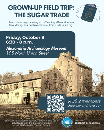 This poster for the Grown-up Field Trip: The Sugar Trade event includes a 19th-century photograph showing a large brick building that housed the sugar house on North Washington Street.