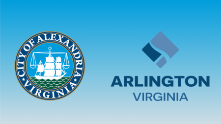 city of alexandria seal on left and arlington virginia logo on right with light blue and gray gradient in background