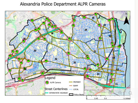 Map titled “Alexandria Police Department ALPR Cameras.” Green camera symbols outlined in pink mark automated license plate reader camera locations throughout Alexandria. Black lines outline numbered police beats. Turquoise lines identify interstate highways, yellow lines primary roads, orange lines ramps and blue lines local streets.