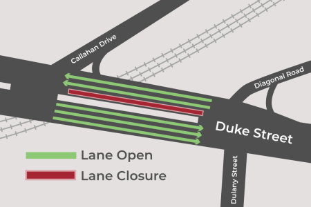 A map of the intersection of Duke Street with Callahan Drive and Diagonal Road, showing the leftmost westbound lane closure and two open westbound lanes.