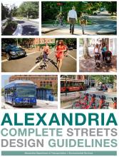 Cover image of the Complete Streets Design Guidelines booklet, with photos of safe transit options (bus, crosswalk, bikeshare, bike lane, pedestrians crossing street)