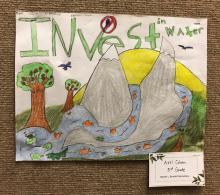 2022 Earth Day student art contest submission (landscape drawing with words "Invest In Water"