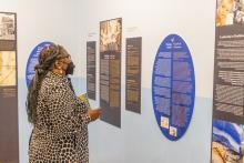 Women in printed dress looking at information posted on a blue wall. 
