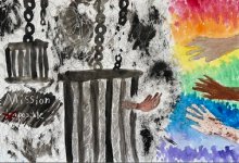 left half is black and white, right half is in color showing hands reaching for each other with the words "Mission Possible"