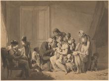 This sepia-toned drawing shows a family in the early 1800s gathered around a child receiving a vaccination from a doctor.