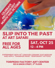 Art Safari poster, Slip Into the Past, with image of colored dye in water and hand