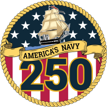 Navy 250 logo with ship and words "America's Navy 250"