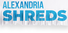Alexandria Shreds is written in blue text across a background of shredded paper.