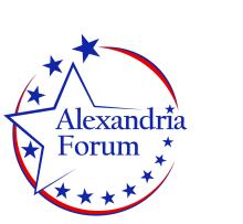 Alexandria Forum logo, blue letters and stars in red circle