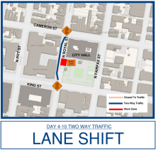 Map displaying a section of a downtown area with "TWO WAY TRAFFIC" highlighted. Notable locations include City Hall and N PITT ST. The map shows closed traffic areas marked in red and two-way traffic zones along N. Royal Street marked in blue.