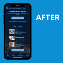 A screenshot of the new Alex311 mobile app with a "create new request" button at the top and bottom of the screen, along with a step by step menu of how Alex311 works.