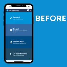 A screenshot of the old Alex311 mobile app showing requests, recent, my requests, and 24 hour hotlines menu options in shades of blue.