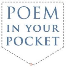 words poem in your pocket in muted blue and serif font stacked inside a dashed line shaped like a pocket with a small pair of scissors at the bottom