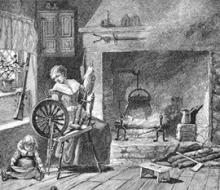 A woman is spinning wool next the fireplace while her child plays nearby. 