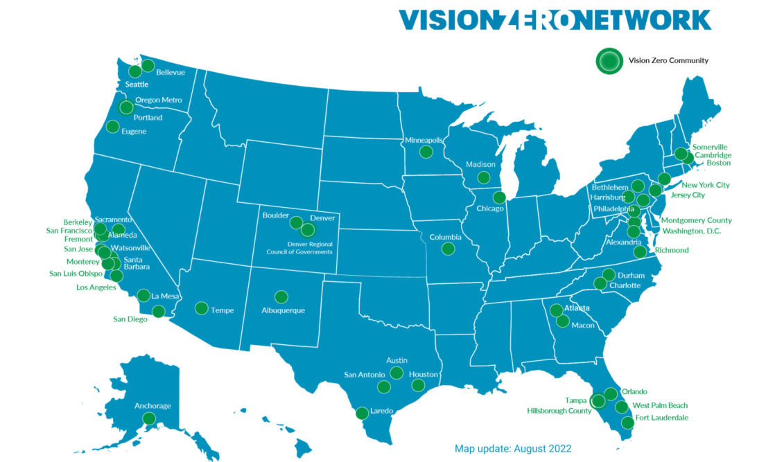 A map of the U.S. showing over 50 Vision Zero communities.